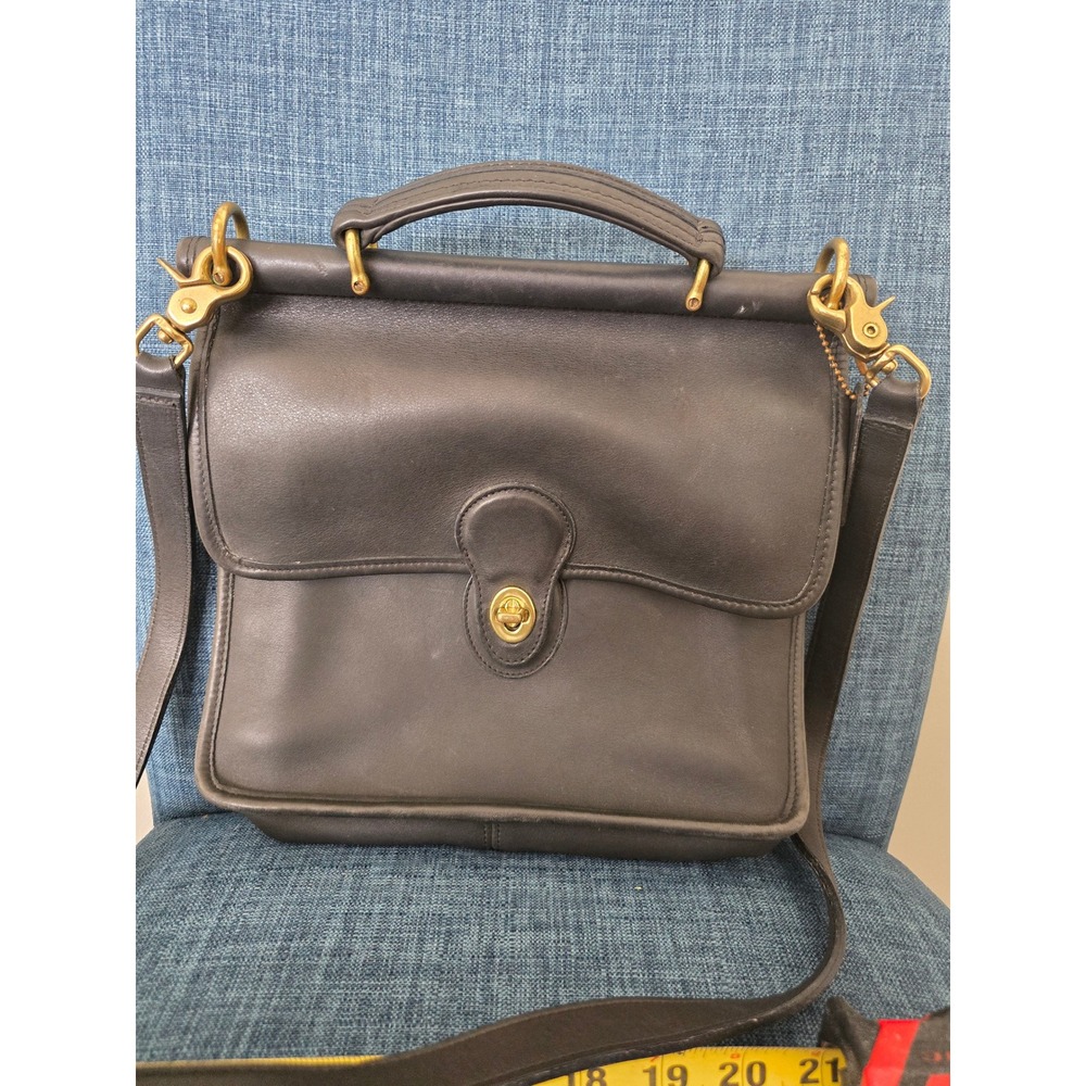 Vintage Coach Court Bag 9870 Black Leather Crossbody Top Handle Purse Brass - Picture 1 of 6